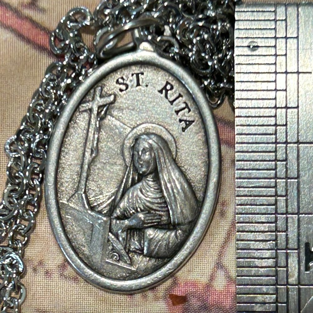 Vintage Saint St Rita Italy Rose Silver Tone Religious Medal Neck